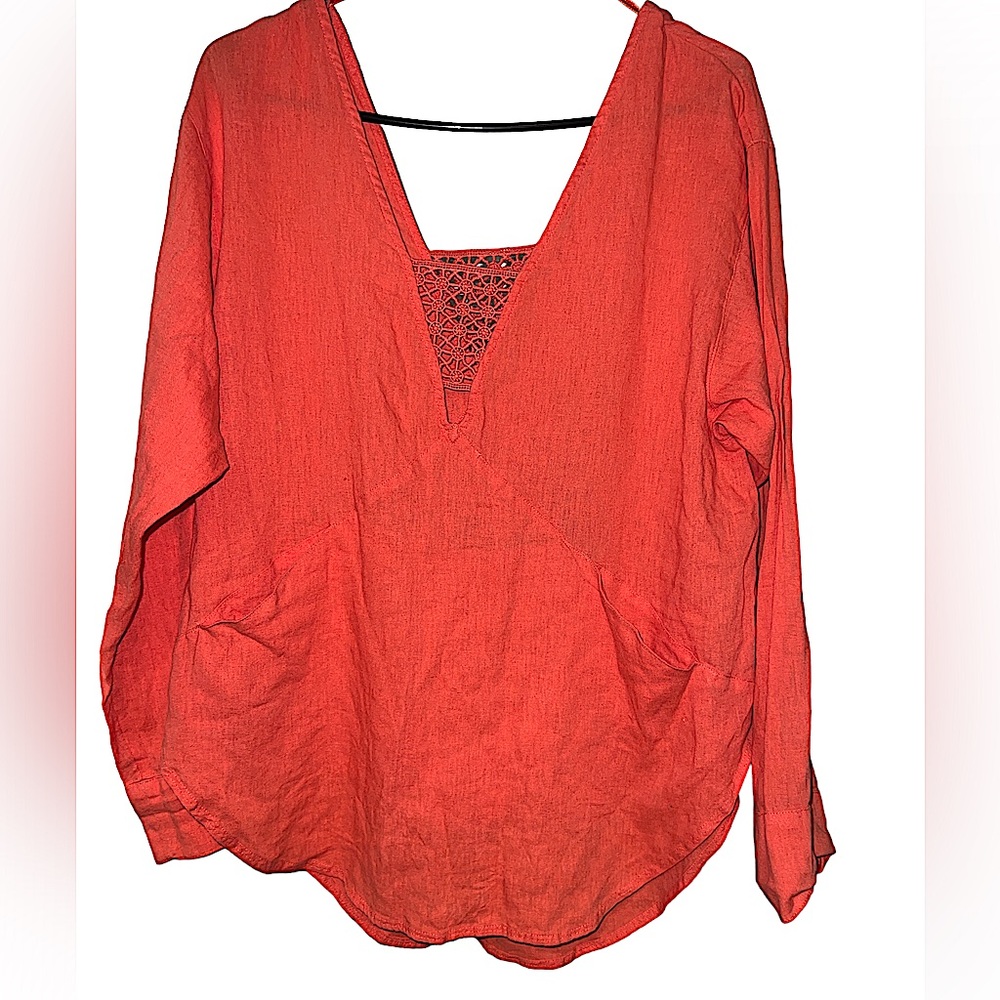 Free people coral linen crochet long sleeve top size medium